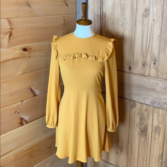 Zara mustard color frill mini dress Size small EUC - Picture 2 of 8